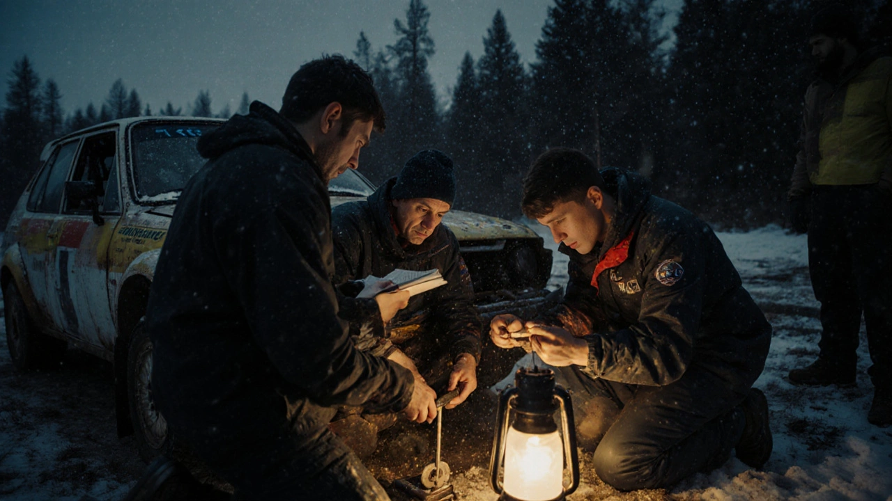 Amateur rally team repairing car in snowy forest clearing at dusk with portable lamp.