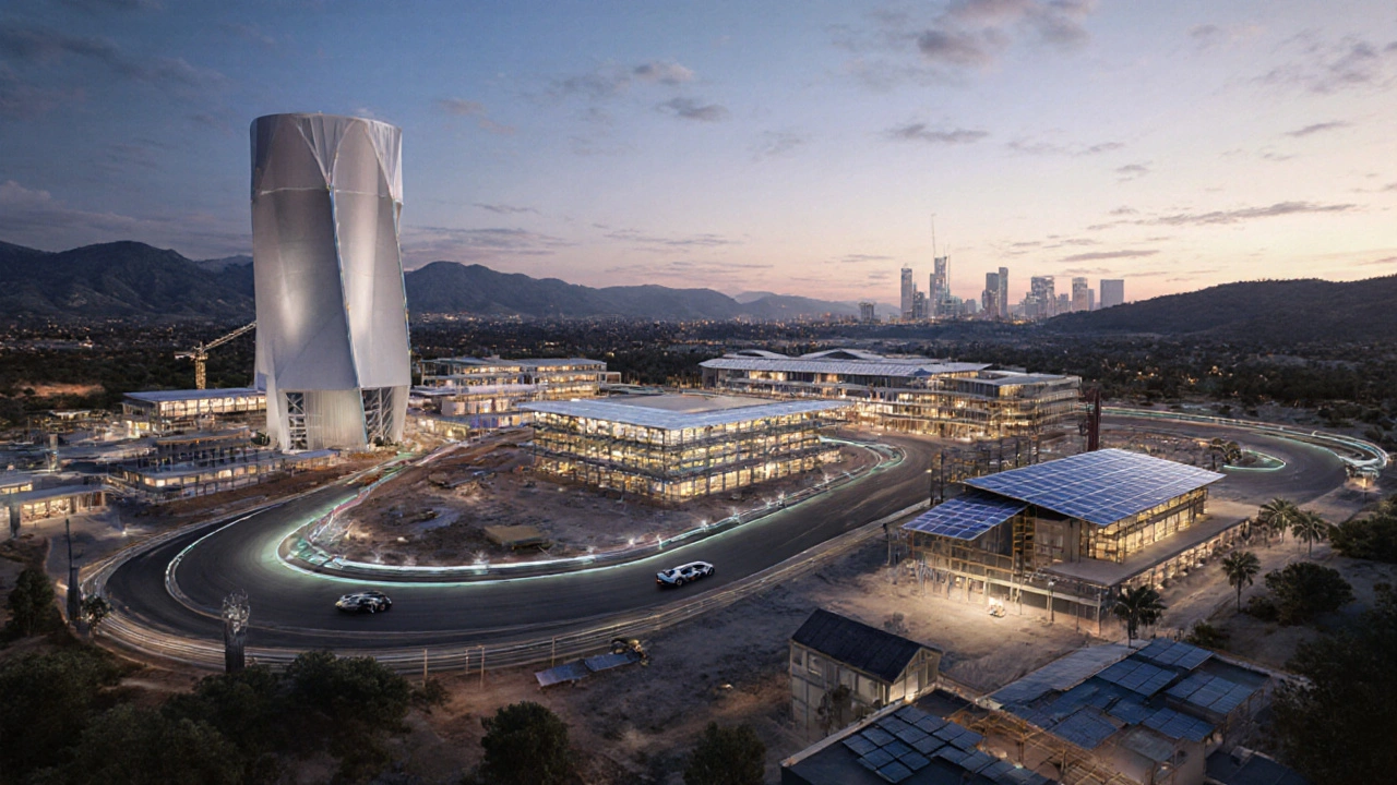 Budoucí závodní centrum California Motorsport Park s testovací tratí a větrným tunelem.