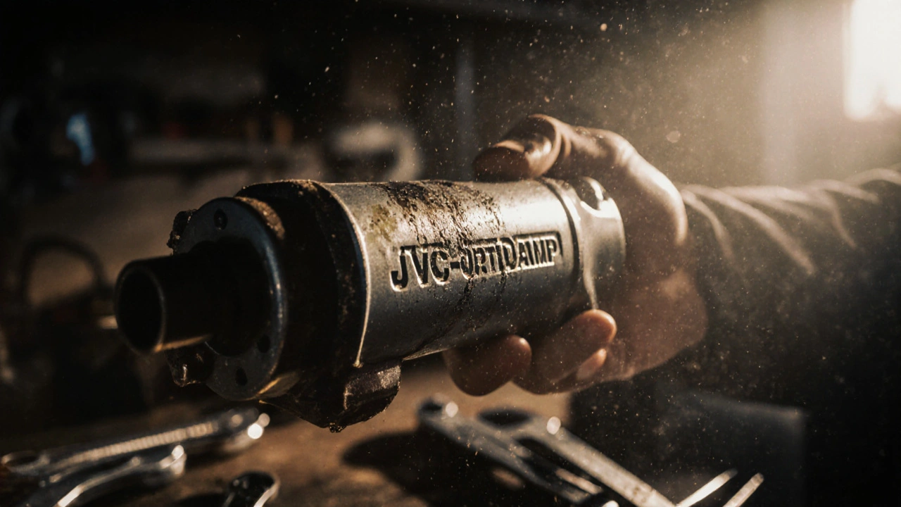 Detailní přehled původního JVC hydraulického tlumiče z 90. let s logem a nástroji.