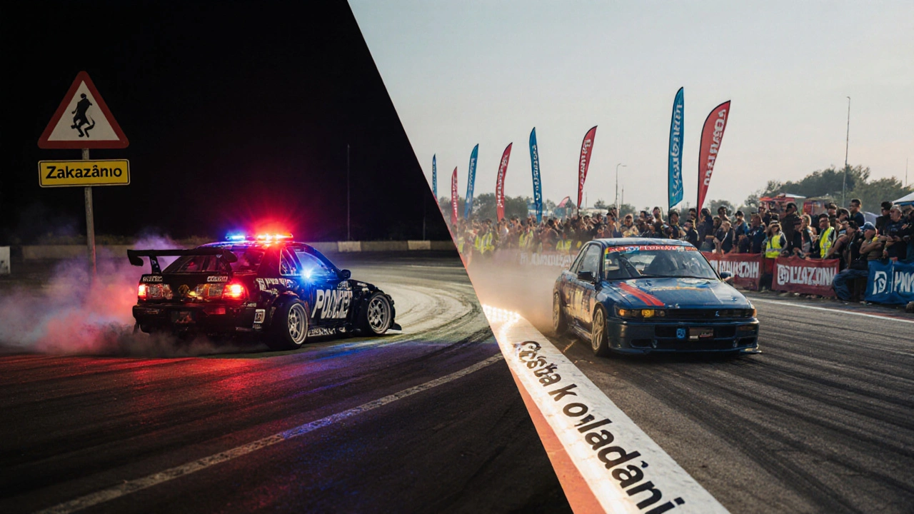 Dvě cesty driftu: nelegální na silnici vs. bezpečný trénink na závodním okruhu.
