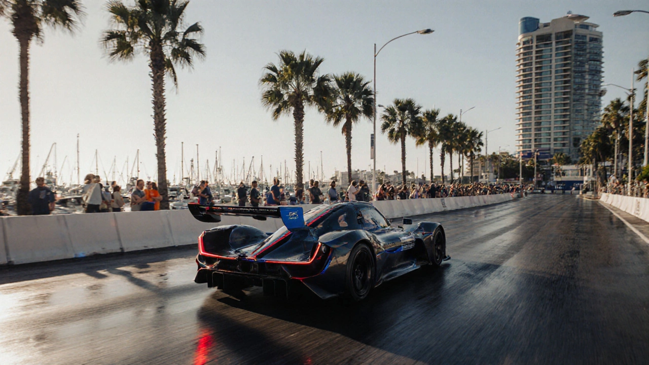 Elektrické auto závodí na ulicích Long Beach vedle pláže a mrakodrapů.