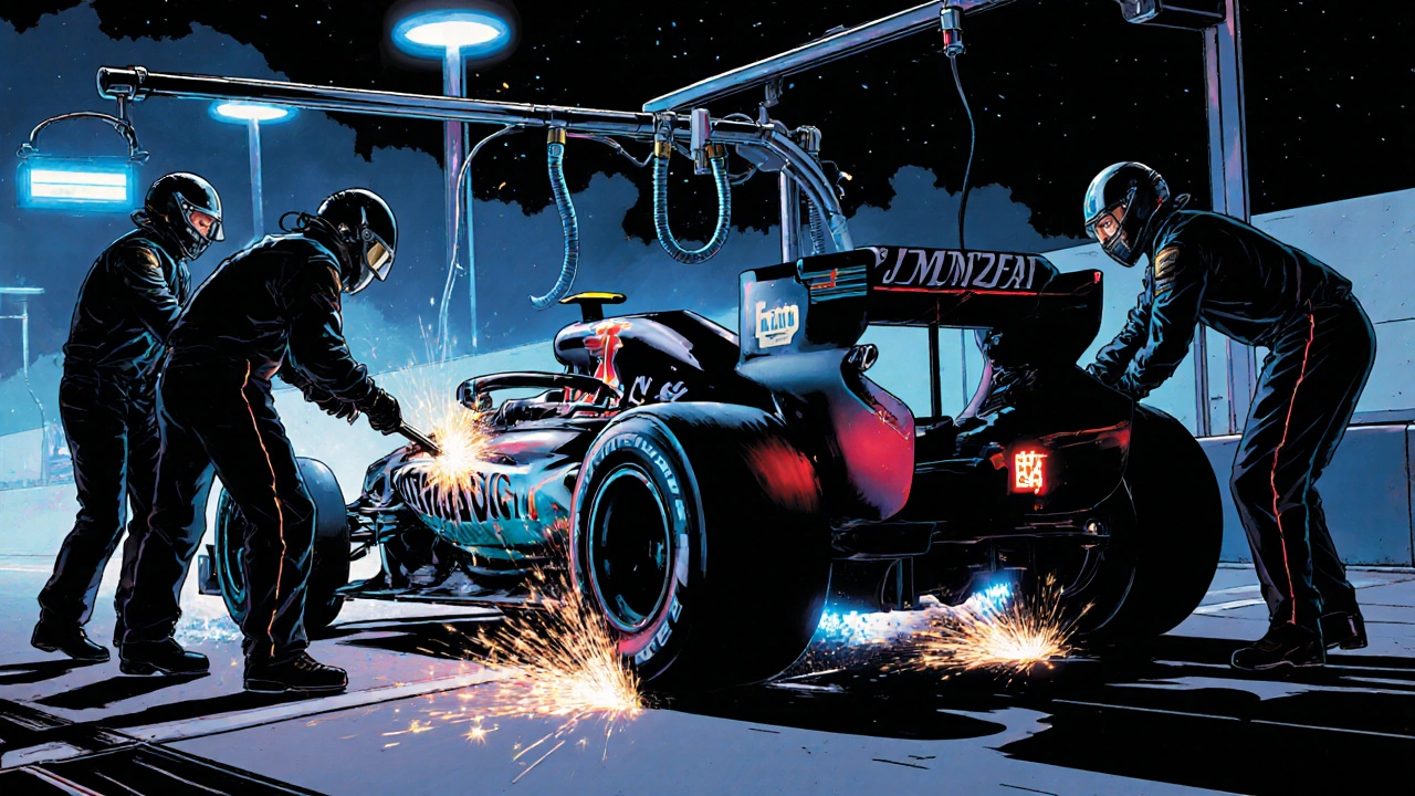 Formula 1 pit crew changing tires in under two seconds under neon-lit night conditions.