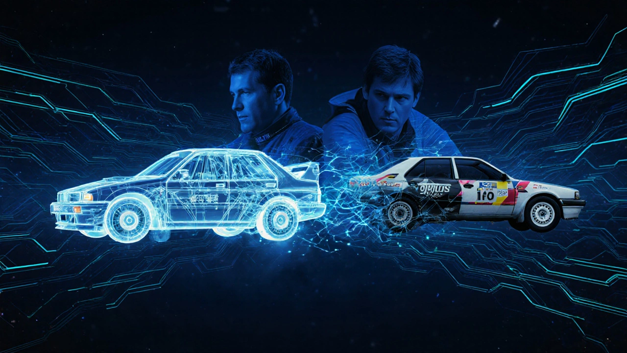 Přechod z historického JVC tlumiče do moderního Ohlins systému s postavami řidičů v pozadí.