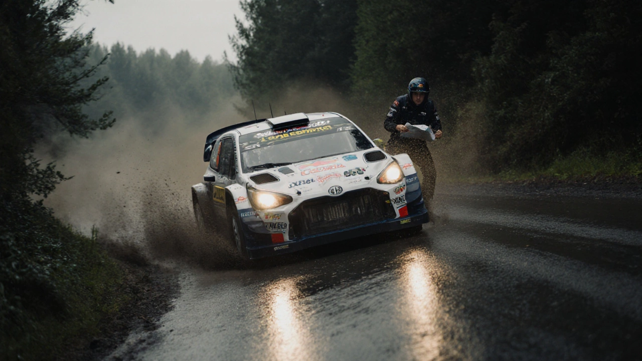 Rallyové auto vyskakuje do vzduchu na lesní cestě v České republice, prší a je mlha.
