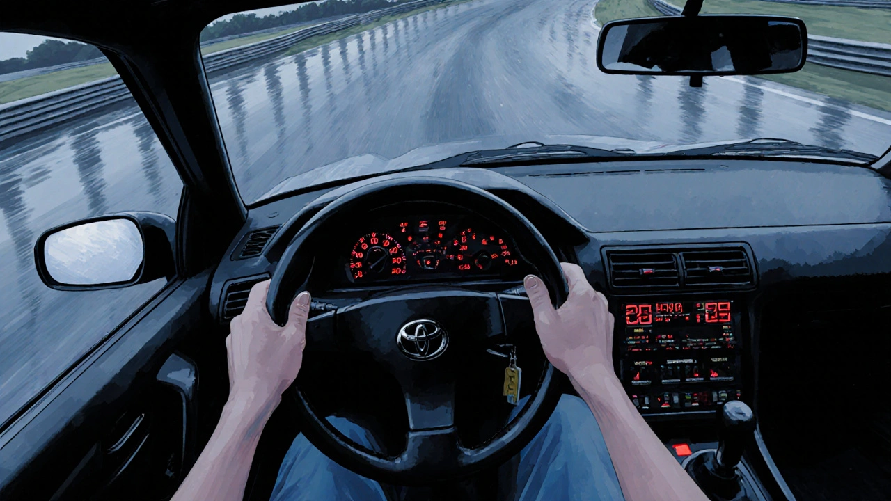 Řidič v Toyota AE86 kontrolovaně driftuje na mokrém okruhu s datovým přehledem.