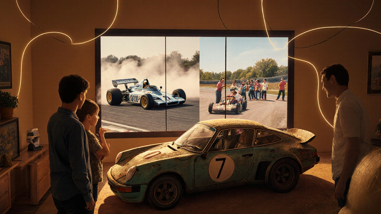 Rodina stojí u starého závodního modelu auta, za nimi se ukazují různé druhy motorsportu.