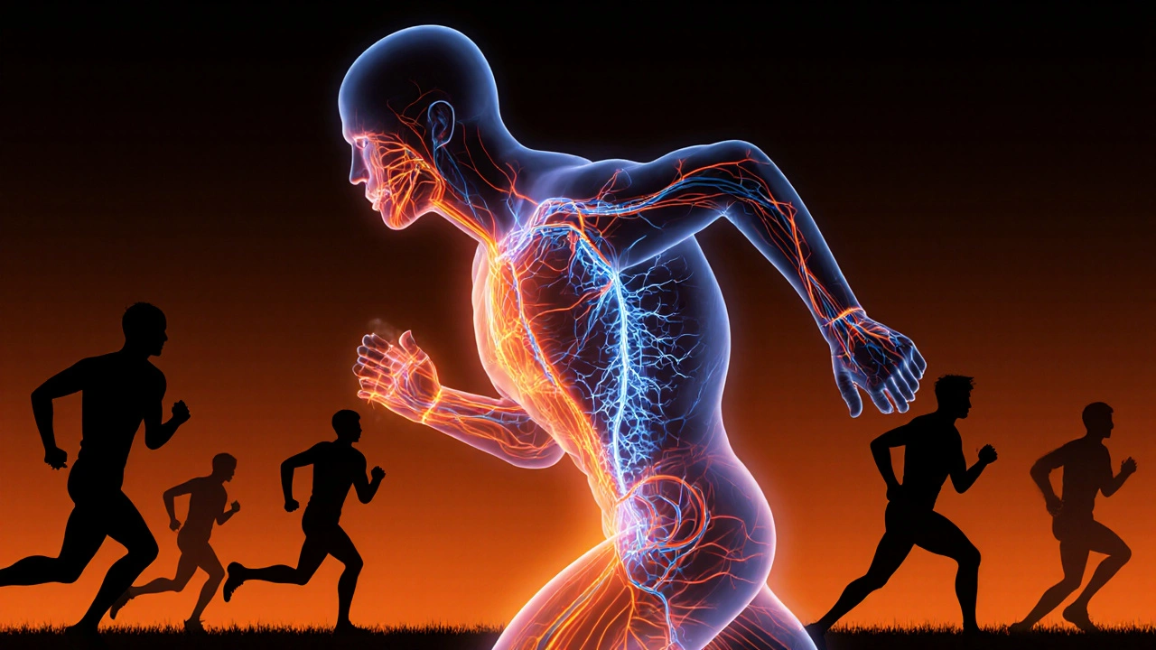 Vnitřní zobrazení těla běžce s novými kapilárami a spalováním tuků během dlouhého běhu.