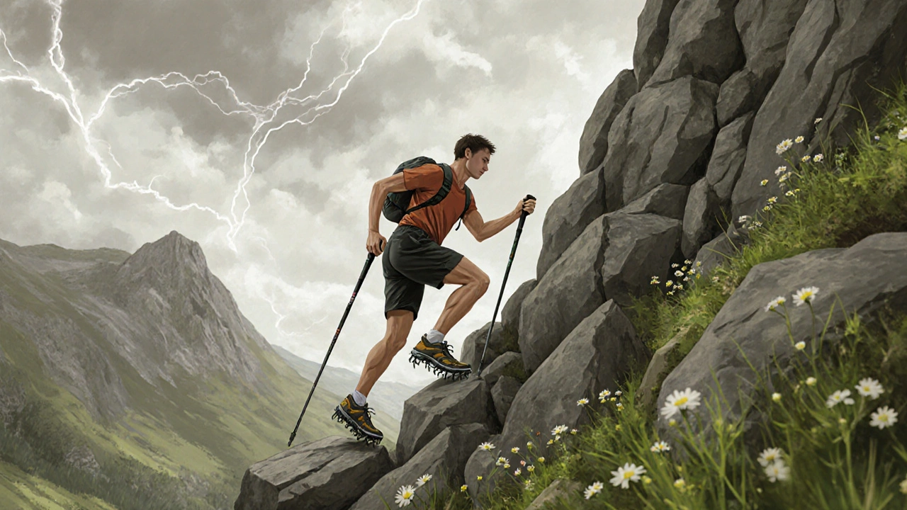 Běžec šplhá po strmém granitovém svahu v Šumavě s rukavicemi a běžeckými tyčemi.