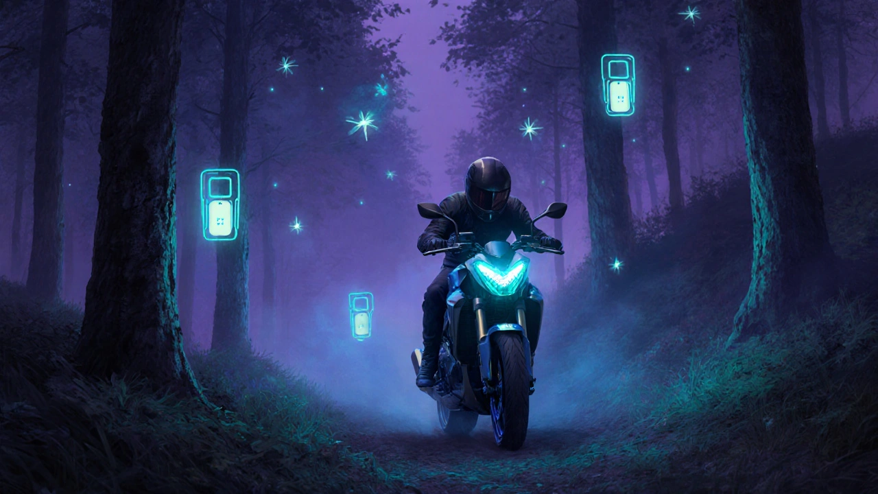 Elektrický motocykl Zero SR/F jede tichým lesním stezku ve večerní mlze s digitálními nabíjecími body.