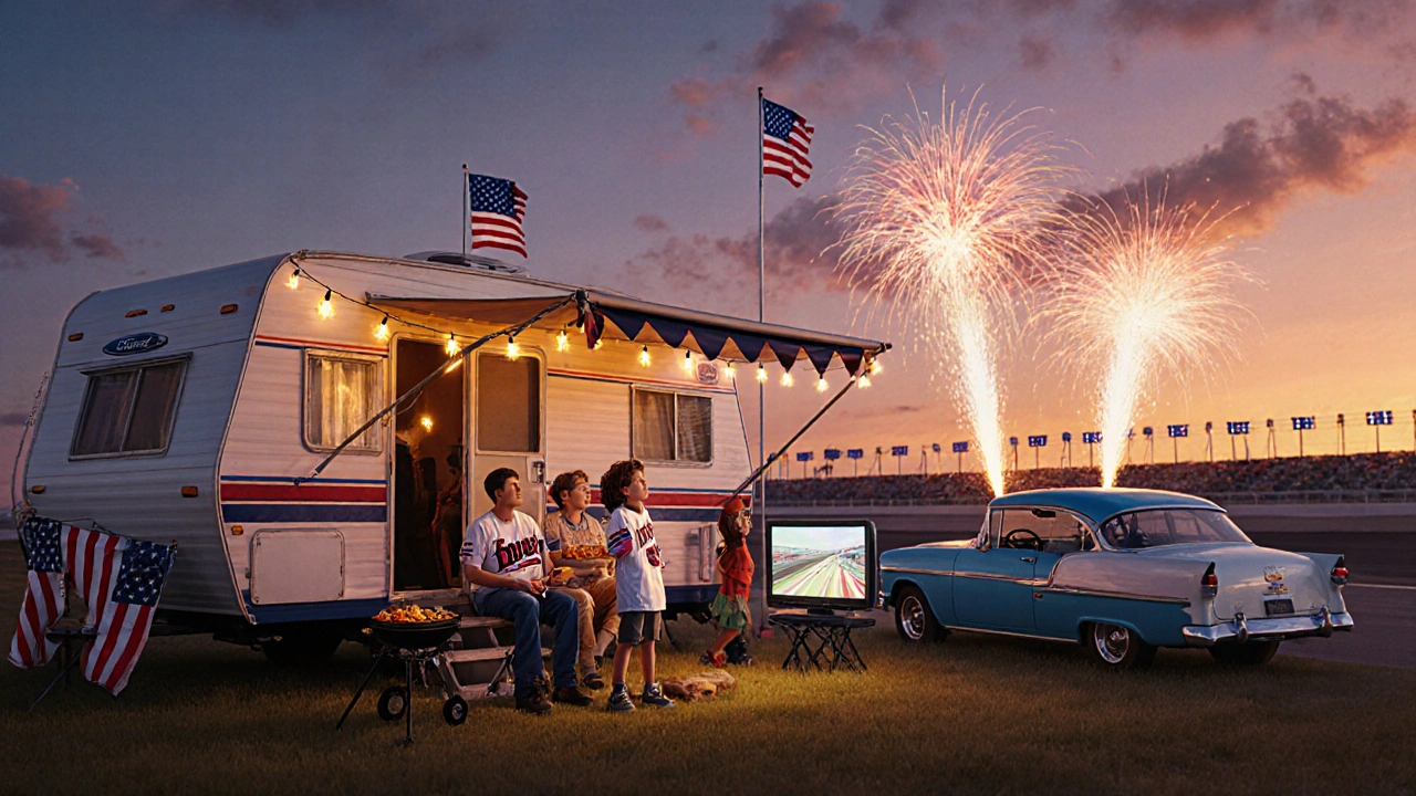 Family camping at NASCAR race, kids in driver jerseys, grilling food, vintage car nearby, twilight sky with fireworks.