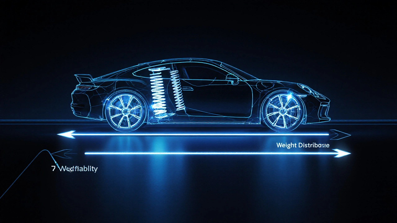 Koncepční obrázek pěti prvků jízdní dynamiky jako světlých prvků kolem auta.