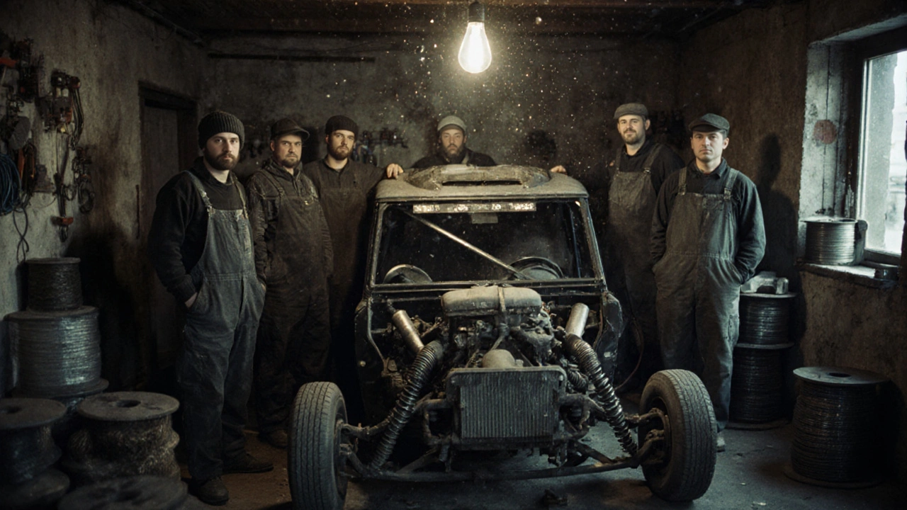 Mechanici v garáži v Brně u opravované Macešky s viditelnými upravenými díly a nářadím.