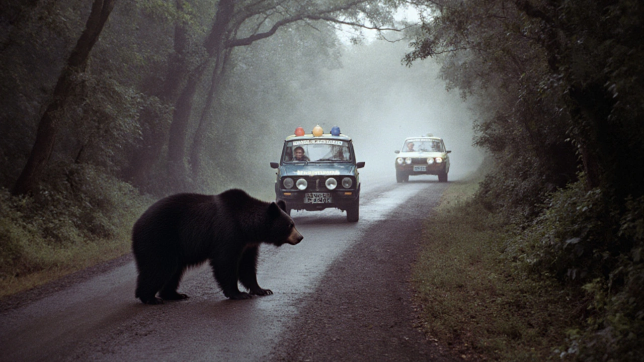 Medvěd stojí na silnici během závodu Philadelphia, závodníci čekají v pozadí.