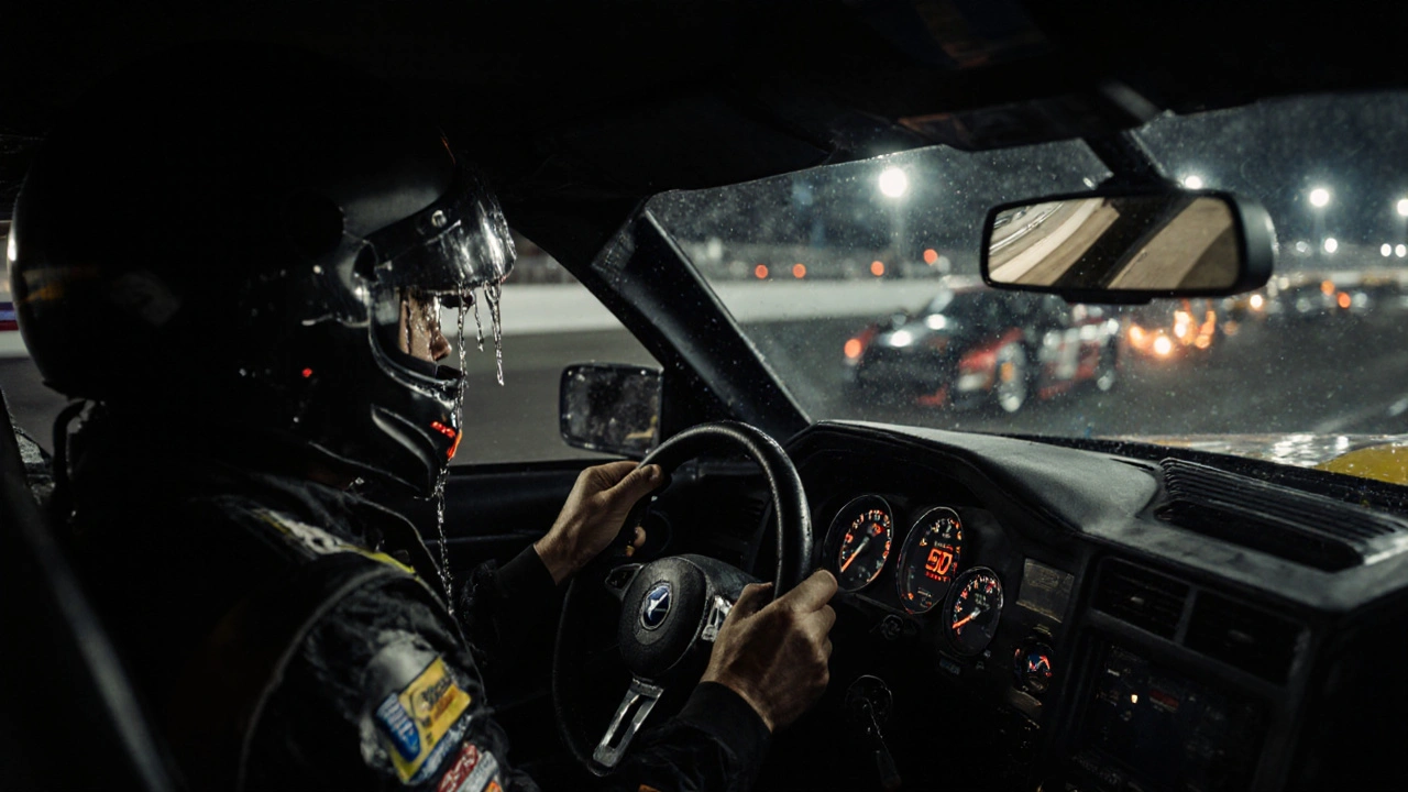 NASCAR driver inside cockpit during race, sweat on helmet, dashboard gauges showing high temperature and engine stats.