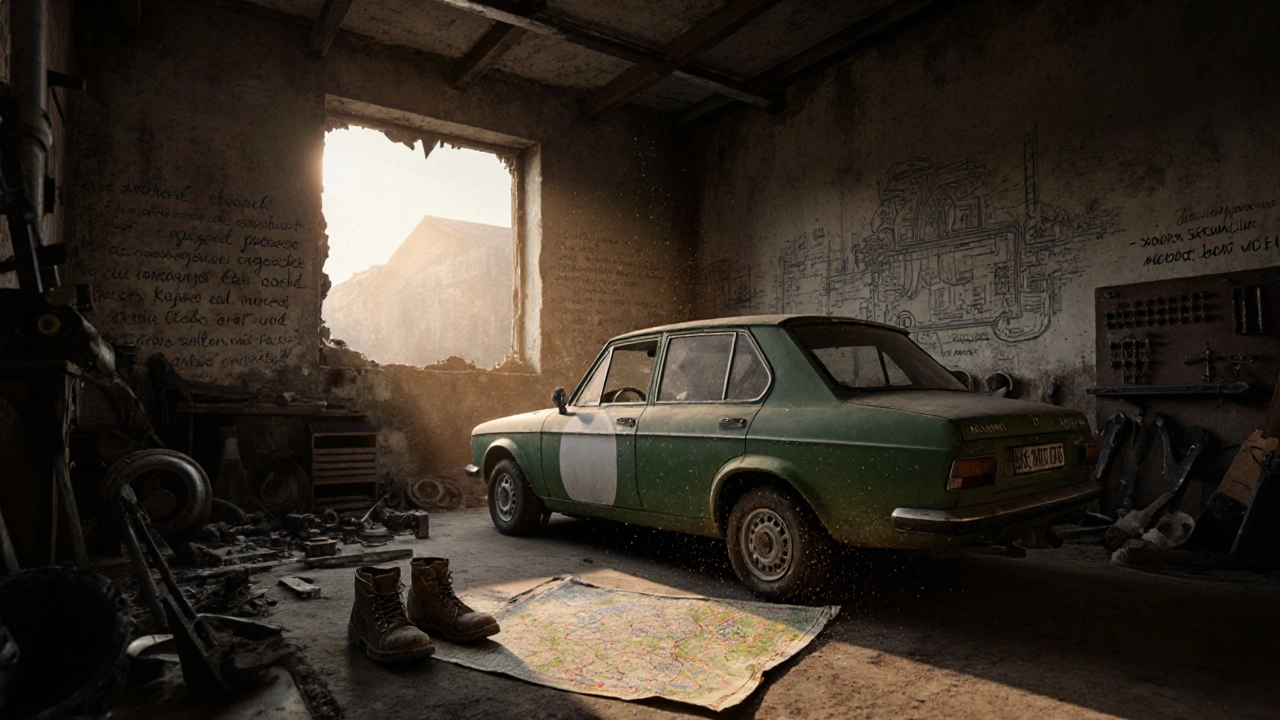 Opravené Škoda Skipjack v opuštěné dílně při západu slunce s nářadím a náčrty na zdech.