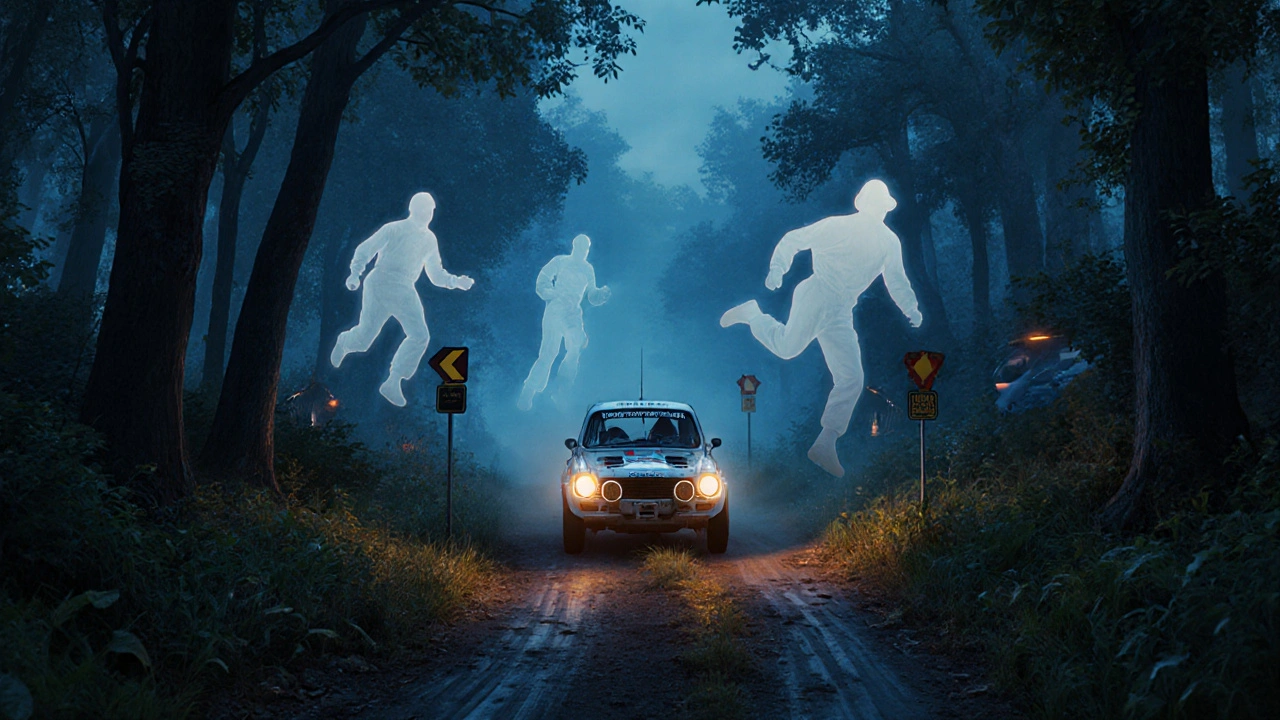 Představa duchů závodníků vedených stopami auta po opuštěné lesní trase.