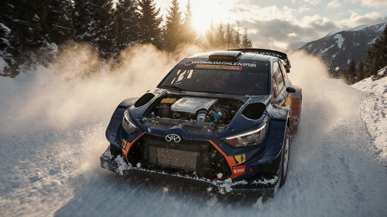 Rallyové auto v zatáčce na sněhu s odhaleným turbomotorem a výtryskem sněhu z pneumatik.