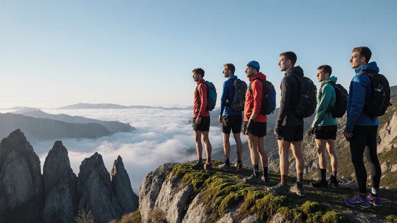 Skupina běžců na startu Skyrace Český Ráj stojí na skalním výběžku nad mlhavými údolími.