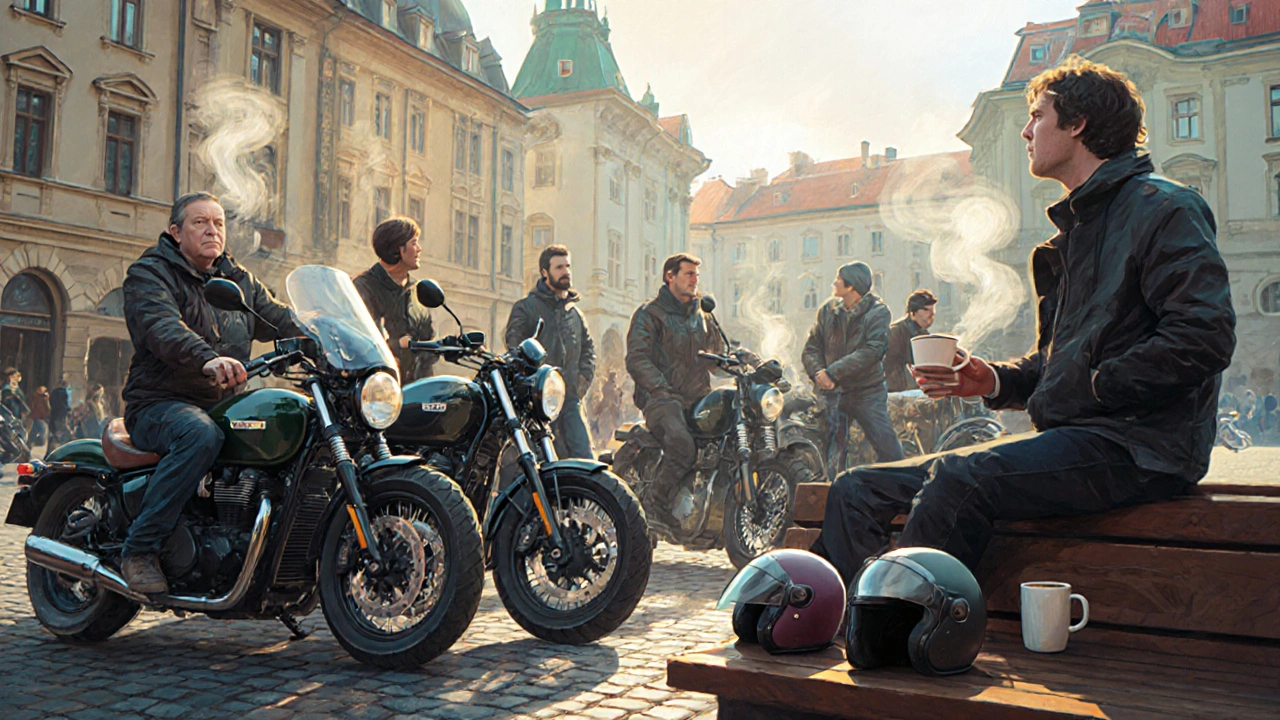 Skupina motocyklistů se sešla v Praze na Moravském náměstí s kávou a přilbami po jízdě.