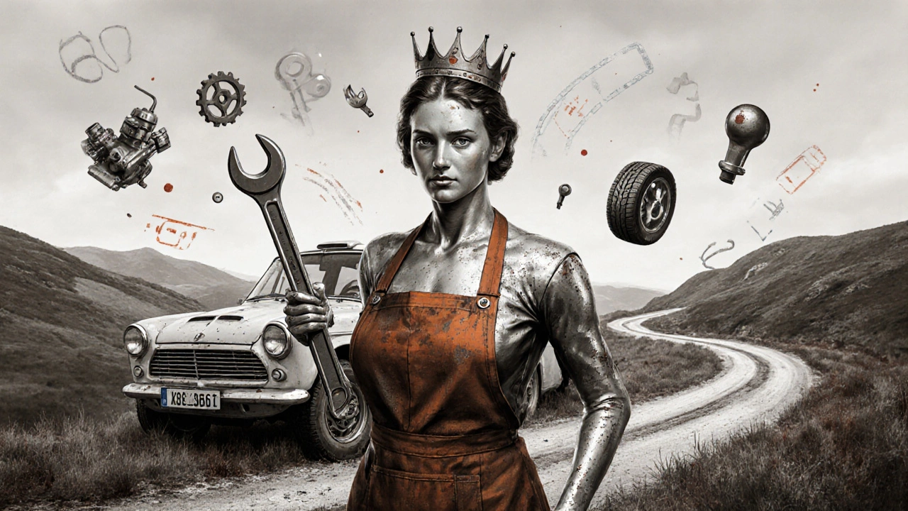 Symbolická představa Macešky jako duchu českého inženýrství s kovovou postavou a klíčem jako sceptrem.