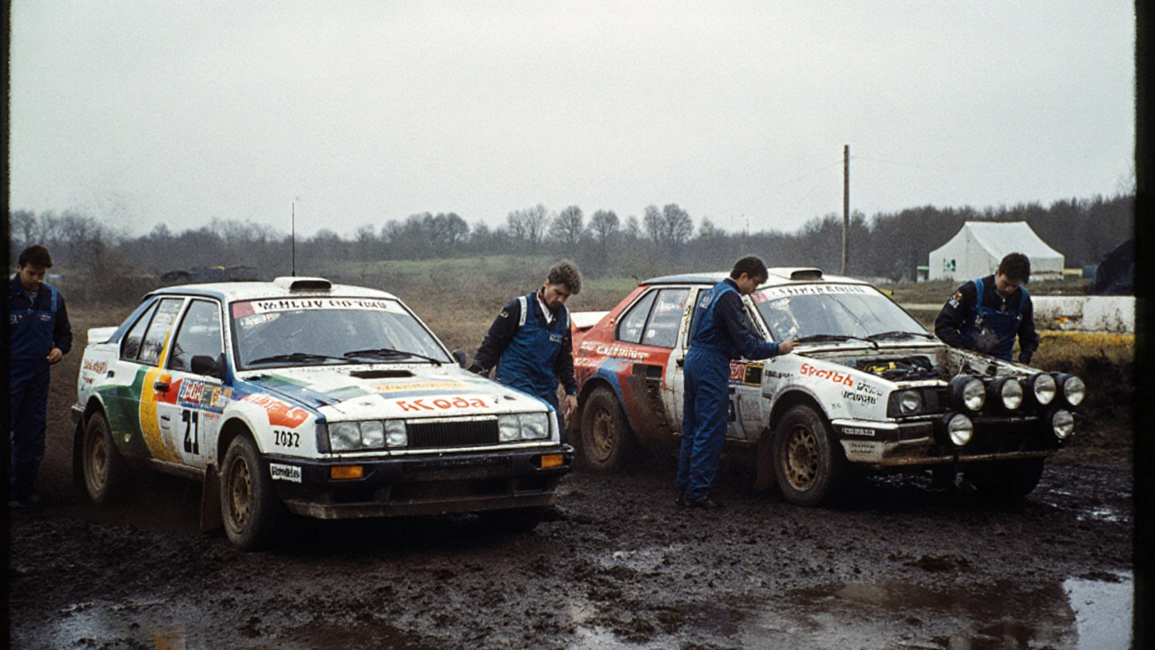 Tři Škoda Skipjacky na startu Rallye Česká republika v roce 1995 s mechaniky a blátem.