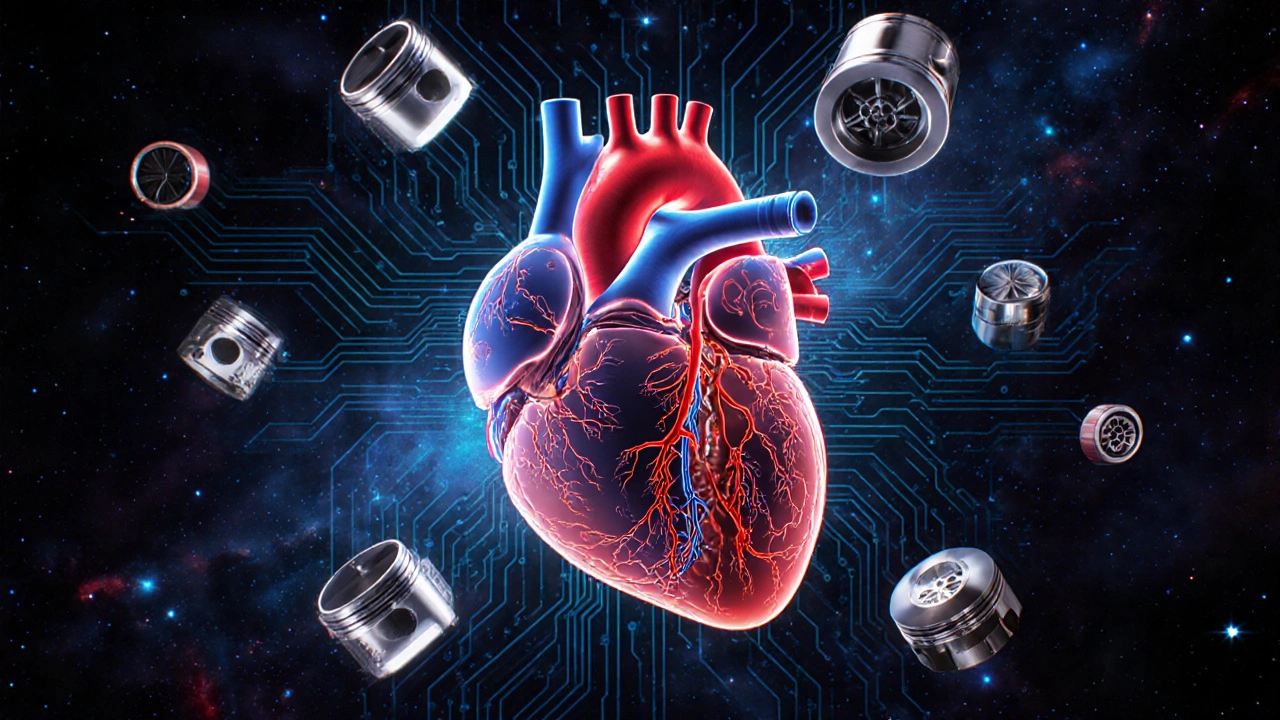 Umělecká představa závodního motoru jako bijícího srdce s palivovými cévami a pohybujícími se komponentami.