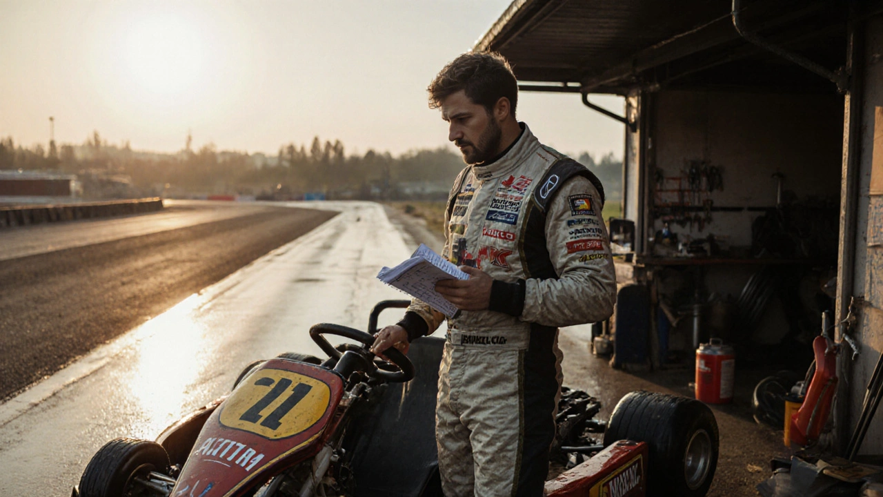 Český závodník stojí u karty na ráno, drží termosku a poznámky, za ním dílna.