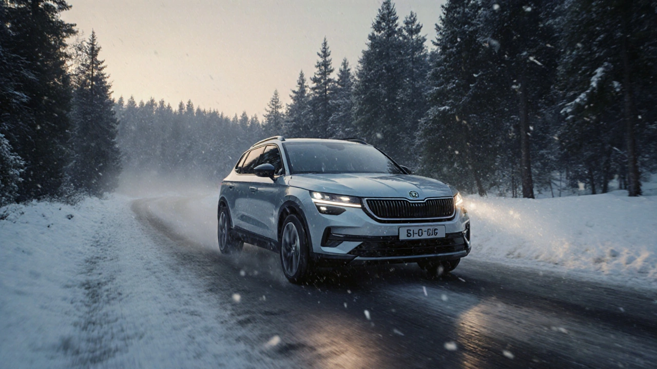 Elektrický Škoda Enyaq iV Sportback v zasněženém lesu ve večerním světle.