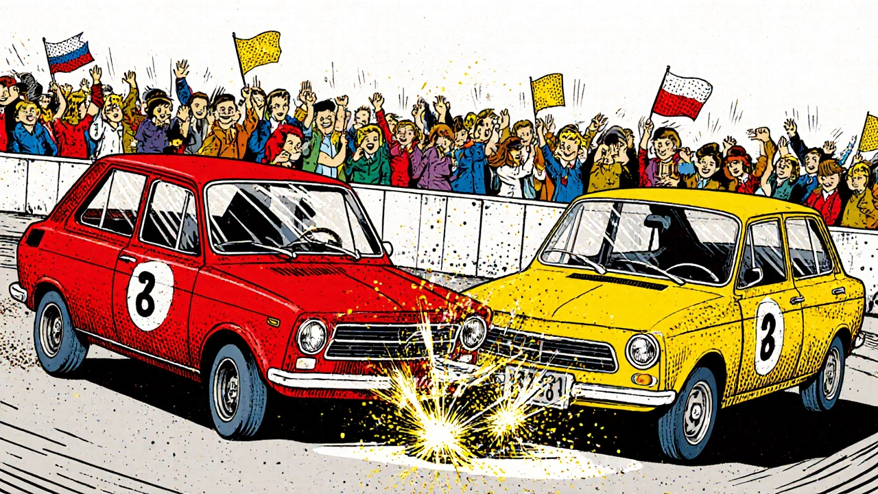 Klasická auta z 70. let závodí na betonové dráze v komiksové stylizaci.