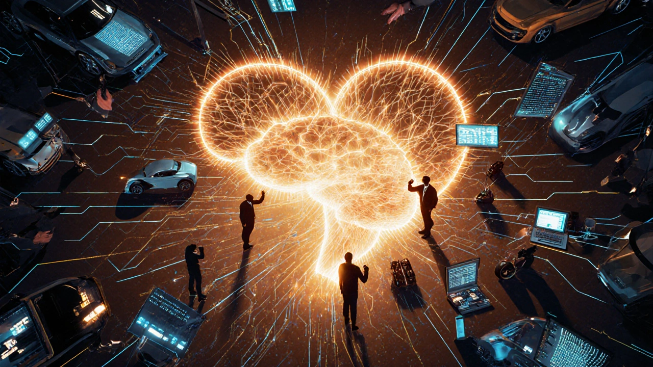 Koncepční obrázek paddocku jako nervové sítě spojující lidi a automobily.