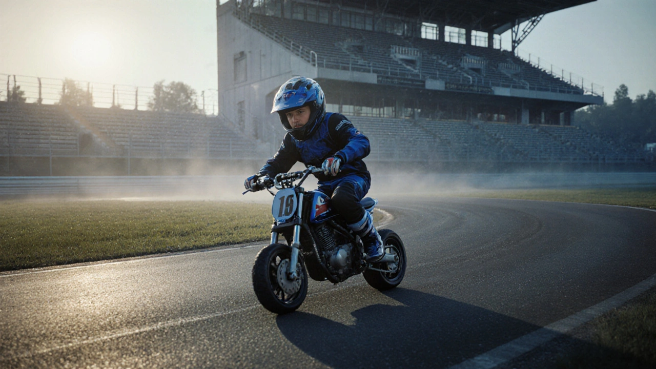 Mladý jezdec trénuje na klidné dráze v raném ranním světle.