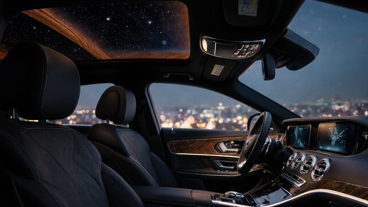 Modern Mercedes-Maybach S 680 interior with leather seats, starry headliner, and ambient lighting in nighttime setting.
