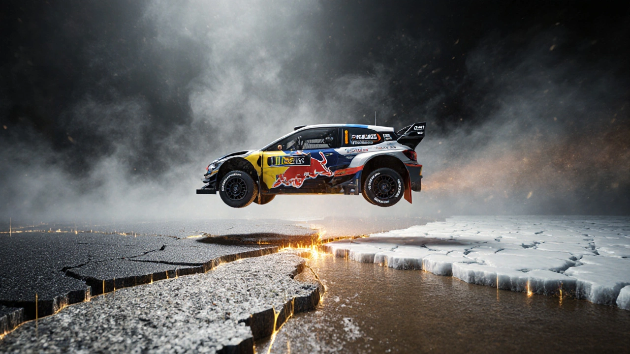 Rallye auto nad složenou zemí z asfaltu, štěrku, sněhu, bahna a ledu.