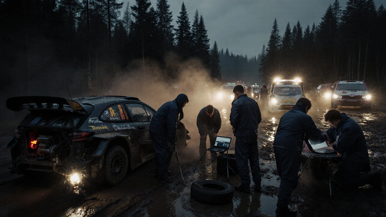 Rallye paddock v lese za deště, mechanici mění pneumatiky pod světly.