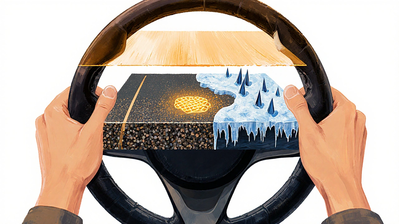 Ruky řidiče na volantu s přehledem různých typů počvy pod koly.