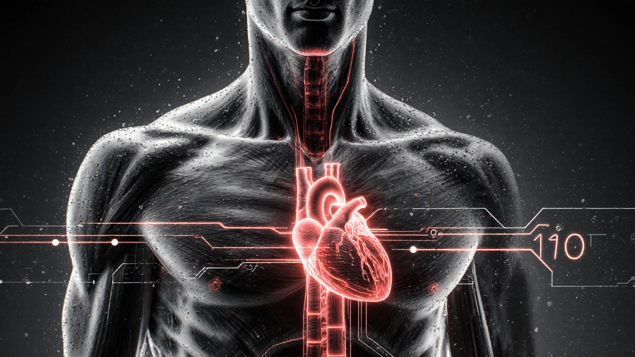 Umělecké znázornění těla závodníka jako přesného stroje s vyznačenými silami a tepem.