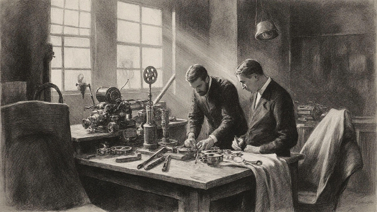 Wilhelm and Karl Maybach in their 1909 workshop crafting luxury car components with tools and fabric.
