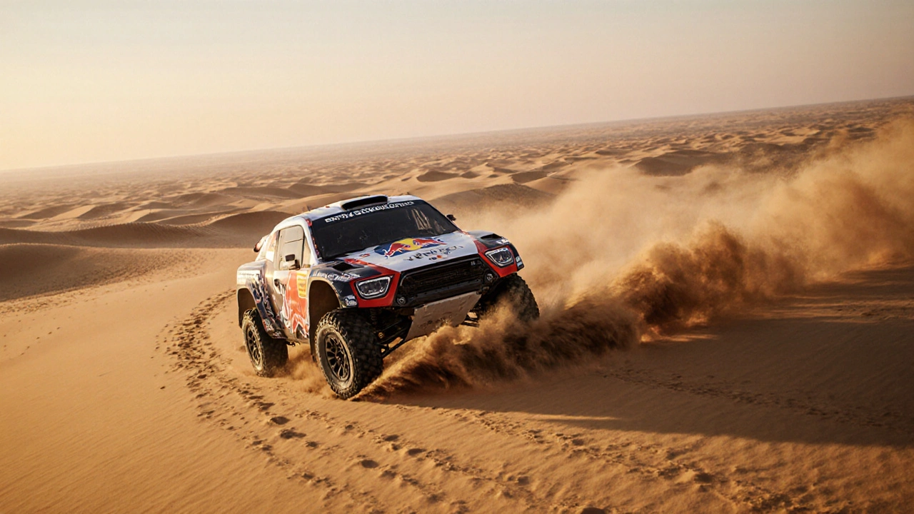 Dakar vozidlo na písečných dunách při západu slunce.