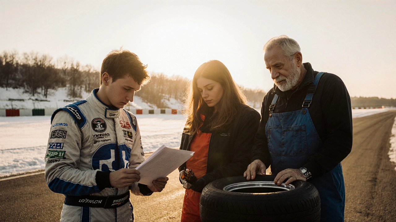 Diverse motorsport enthusiasts in Czechia: young kart racer, female navigator, older mechanic, all at dawn on snowy track.