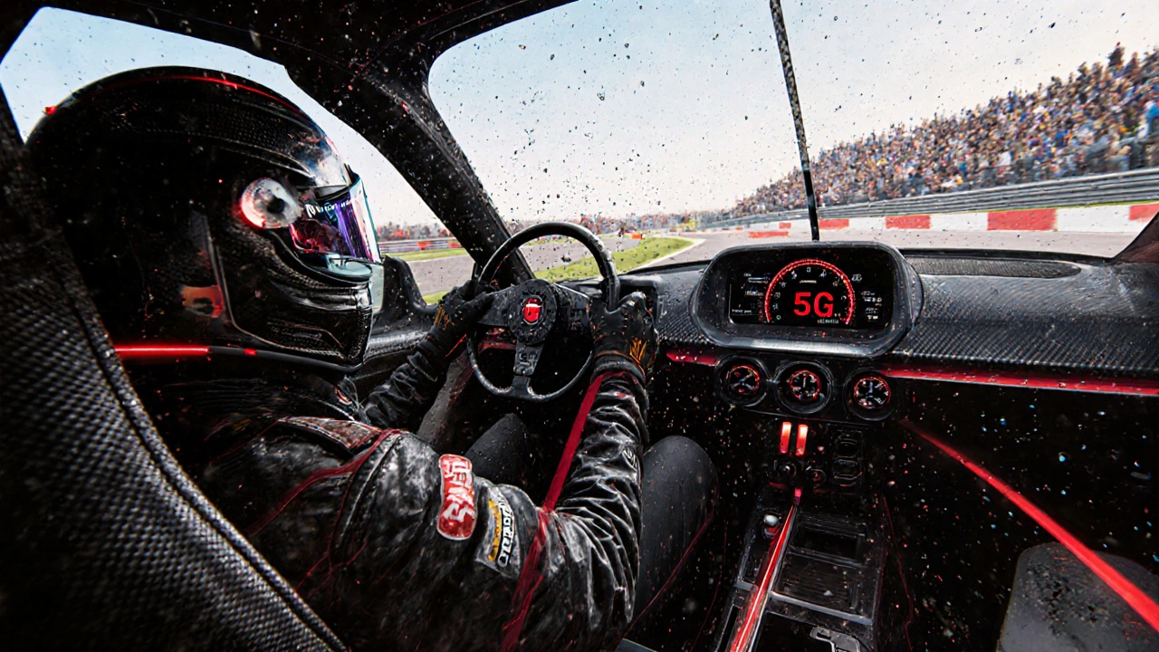 Formula 1 driver under extreme G-forces in cockpit, sweat droplets suspended, temperature gauge at 52°C, light glowing on instruments.