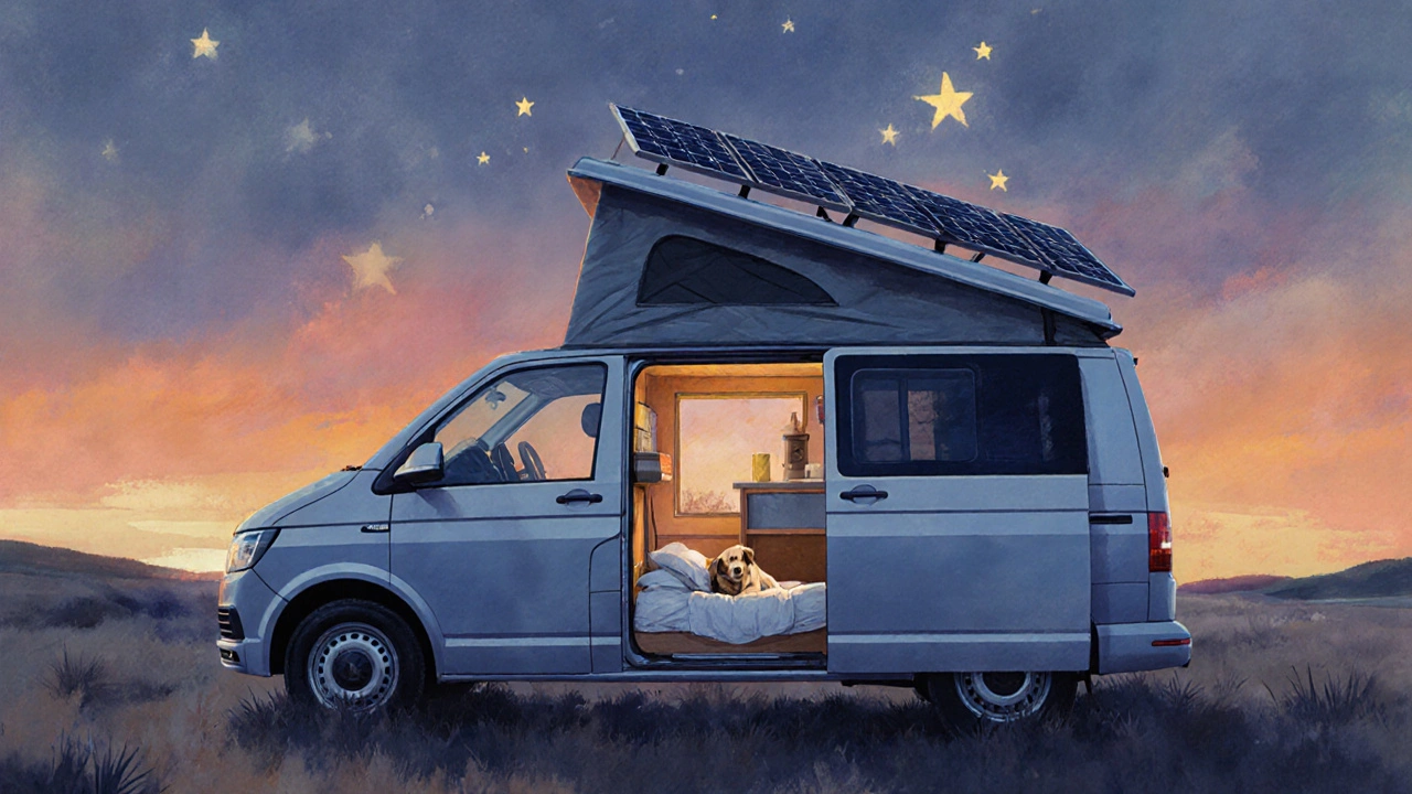 Multivan přestavěný na domov na kolech s solárními panely a kuchyňkou ve večerním světle.