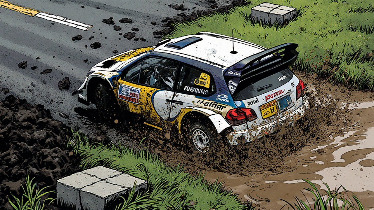 Rally-cross auto přecházející mezi různými typy počvy.